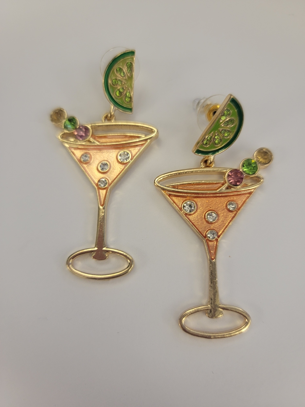 Gold-Tone Martini Cocktail Drop Earrings with Green Lime Accent